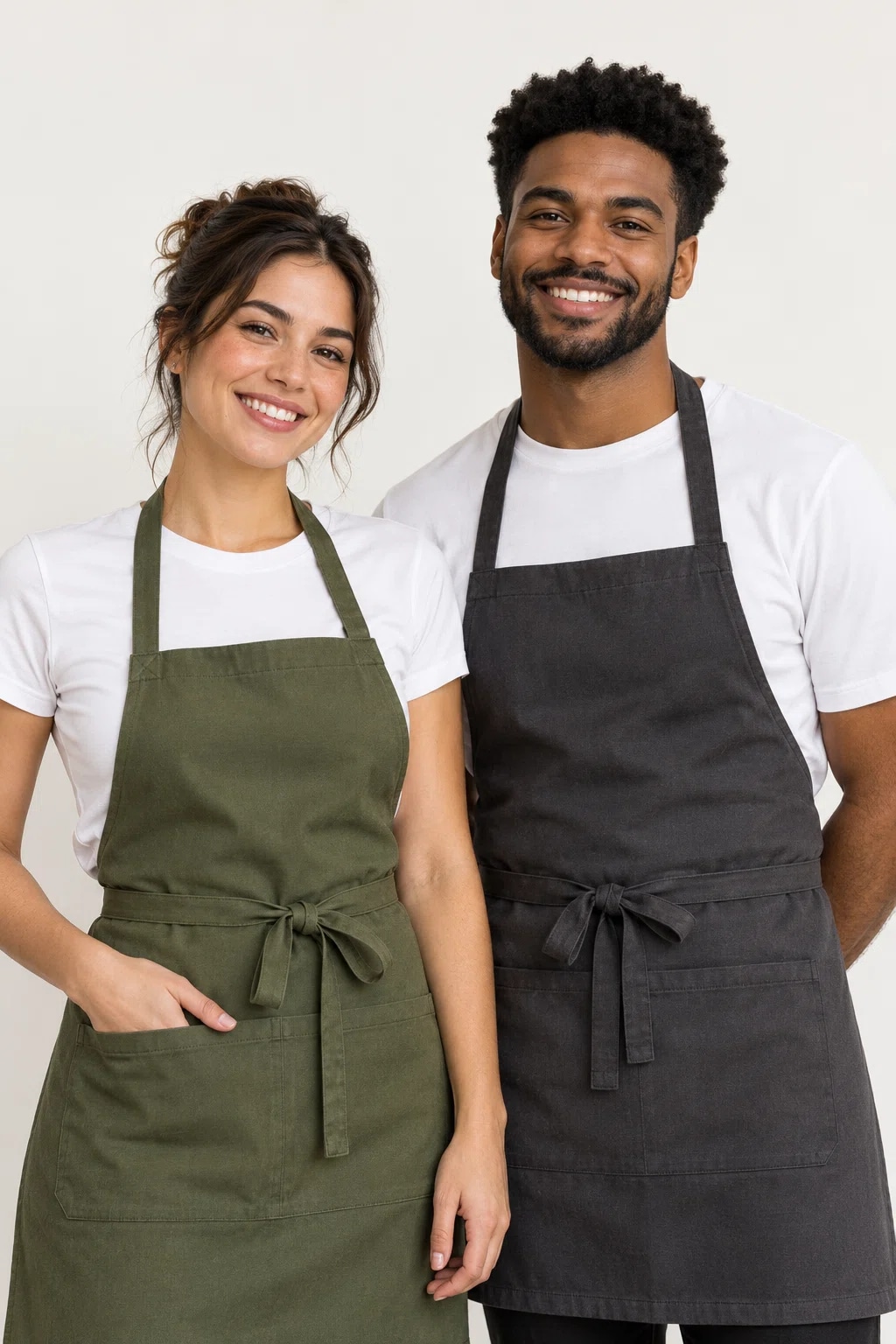 Server and barista wearing coordinated restaurant uniforms and aprons