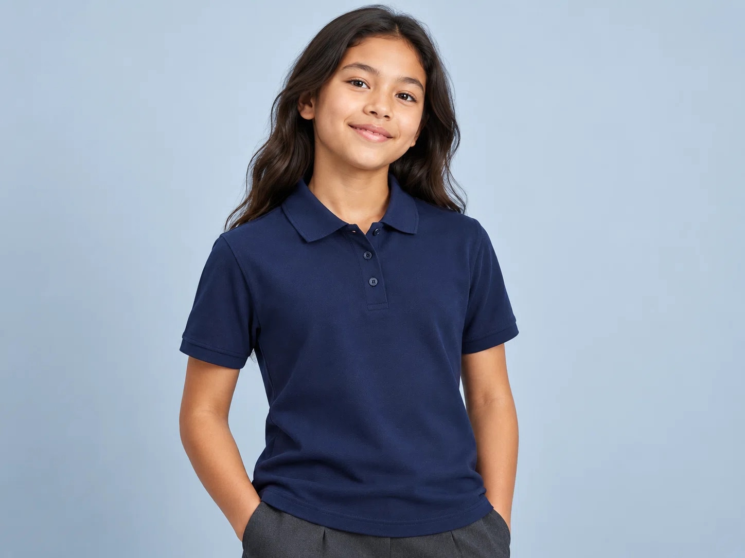 illustrative studio image of a student wearing a plain navy school polo shirt